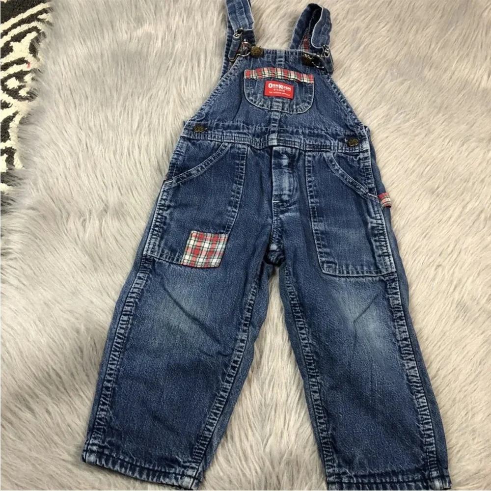 Vintage Toddler Oshkosh Bgosh Denim Blue Red Plaid Flannel Lined Overalls